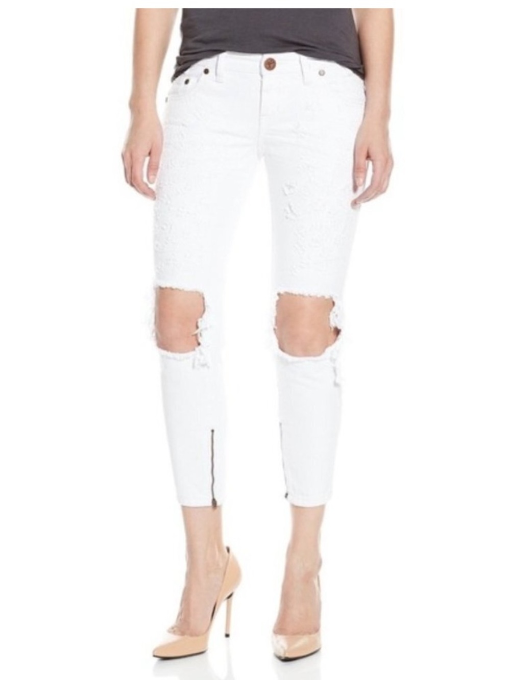 FP OTS Distressed White Skinny straight leg jeans size 25 boho euro summer chic